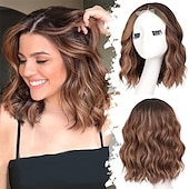 abordables Perruques Synthétiques Sans Bonnet-Perruque courte ondulée à reflets bruns pour femme style bob synthétique résistante à la chaleur - aspect naturel pour une coiffure de tous les jours 14 pouces