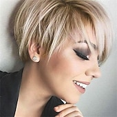 economico parrucca più vecchia-Parrucche per capelli corti da donna, parrucca castana pixie bob, parrucca pixie cut da donna, parrucche sintetiche con frangia per uso quotidiano o cosplay.