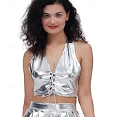 levne Topy-Retro 80. léta Krátký top Disko Lodičkový Lesklý latexový patent Kov Dámské předvečer Všech svatých Karneval Pride Parade Měsíc hrdosti Dospělé Vrchní deska Léto