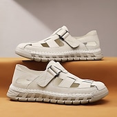 billiga Avslappnade sandaler-Herrsandaler Vita sportsandaler med stängd tå, justerbara remmar och slitstark sula för utomhusaktiviteter och vattensporter