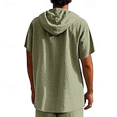 preiswerte Baumwoll-Leinenhemd-Herren Hemd Leinenhemd Popover-Hemd Freizeithemd Baumwollhemd Einfach Urlaub Straße Schwarz Weiß Gelb Marineblau Kurzarm Mit Kapuze Sommer Bekleidung Button-Down