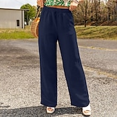 baratos Calça de linho de algodão simples-Mulheres Calças de linho de algodão Calças Roupa de rua Casual Comprimento total Natural Tecido Design de cordão elástico Confortável Exterior Roupa Diária Final de semana Preto Azul Marinho Escuro