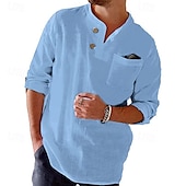 economico Classico-Per uomo Camicia Camicia di lino Camicia popover Camicia Estiva Abbigliamento da spiaggia Camicia button-down Tinta unica Vacanza Streetwear Nero Bianco Blu Cachi Manica Lunga Collo alla coreana