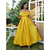 billige Cocktailkjoler-a-line cocktailkjoler elegant kjole semi formell gul kjole bryllup gjest gulvlengde ermeløs off shoulder sateng med bue(r) folder 2025