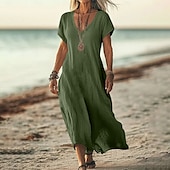 abordables concevoir des robes en coton et lin-Robe midi féminine robe d&#039;été décontractée quotidienne vacances plage ajustement régulier lin-like unie à manches courtes col en V blanc rose bleu vert été