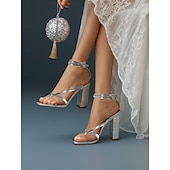cheap Dress Sandals-Silver Strappy Block Heel Sandals for Women – Shiny Open Toe Party Shoes with Ankle Strap for Prom and Evening Events
