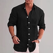 economico Casual da lavoro-Per uomo Camicia in cotone e lino Semplice Vacanza Nero Bianco Vino Azzurro cielo Manica Lunga Bavero Abbigliamento