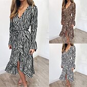 levne Šaty-Dámské Midi šaty Bavlněné plátěné šaty Klasické Moderní Venkovní Dovolená Jdeme ven Běžný Leopard Dlouhý rukáv Do V Bílá Khaki Šedá Léto