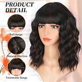 economico Parrucche trendy sintetiche-Parrucche ondulate bob con frangia, parrucche castano scuro misto per donne, parrucche ondulate ricce corte con mèches, parrucca da donna naturale lunga fino alle spalle per l&#039;uso quotidiano alle