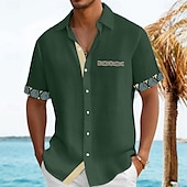 preiswerte Urlaub-Herren Hemd Leinenhemd Sommerhemd Strandhemd Karomuster Urlaub Ferien Schwarz Marineblau Grün Khaki Kurzarm Kragen Sommer Bekleidung