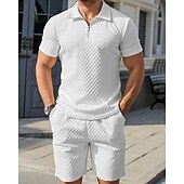 お買い得  休暇-男性用 クォータージップポロ ゴルフシャツ 日常 祝日 ラペル 半袖 ファッション ベーシック 平織り 2個 ジャカード 夏 レギュラー ブラック ホワイト スカイブルー カーキ色 ライトグレー クォータージップポロ