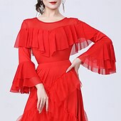 billiga Danskläder till latindans-Latinamerikansk dans Topp Krusad Ren Färg Tvinning Dam Prestanda Träning Långärmad Hög Polyester