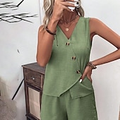 levne Dámské halenky-Dámské Šik ven Denní Halenka Soupravy šortek Bez rukávů Do V Pevná barva Dubbele Rij Knopen Venkovní Dovolená Světle zelená Tmavě námořnická Oranžová Léto Běžný