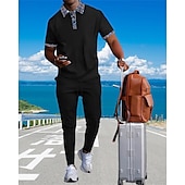 voordelige T-shirt sets voor heren-Voor heren Wafel Shirt T-shirt past Shirt- en broeksets 2 stuks outfits Korte mouw Revers Zomer Kleurenblok Modieus Casual Lapwerk 2-stuks Vakantie Alledaagse kleding Uitgaan Zwart Wit Koningsblauw