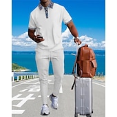 voordelige T-shirt sets voor heren-Voor heren Wafel Shirt T-shirt past Shirt- en broeksets 2 stuks outfits Korte mouw Revers Zomer Kleurenblok Modieus Casual Lapwerk 2-stuks Vakantie Alledaagse kleding Uitgaan Zwart Wit Koningsblauw
