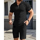 お買い得  休暇-男性用 クォータージップポロ ゴルフシャツ 日常 祝日 ラペル 半袖 ファッション ベーシック 平織り 2個 ジャカード 夏 レギュラー ブラック ホワイト スカイブルー カーキ色 ライトグレー クォータージップポロ