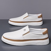 baratos Ténis para Homem-Tênis masculinos slip-on brancos com detalhes em PU – calçados leves e modernos para streetwear, viagens e trajes casuais