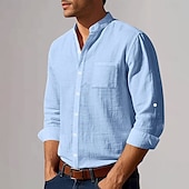 preiswerte Business Casual-Herren Baumwoll-Leinen-Hemd Tiefer Ausschnitt Einfach Urlaub Strand Schwarz Weiß Khaki Dunkelgray Langarm Großvaterkragen Sommer Frühling Bekleidung Tasche
