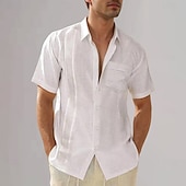 economico Casual da lavoro-Per uomo Camicia in cotone e lino Semplice Vacanza Nero Bianco Blu marino scuro Blu Manica Corta Collo ripiegato Estate Abbigliamento