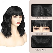 baratos Perucas Sintéticas sem Touca-perucas para mulheres peruca preta curta ondulada com franja peruca bob cacheada comprimento dos ombros perucas femininas perucas de fibra sintética resistente ao calor para uso diário em festas