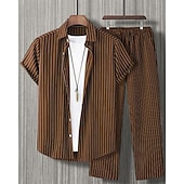 cheap Men&#039;s Tee Sets-Men&#039;s Shirt Set T-shirt Suits 2 Pieces Outfits Tee &amp; Shorts Short Sleeve Shirt Collar Summer Stripes Fashion Casual 2 Piece Vacation Daily Wear Going out Black Red Brown Top Tee for Men
