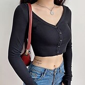 preiswerte Einfarbiges T-Shirt-Damen Bluse Einfach Modern Langarm V Ausschnitt Crop Tops Täglich Ferien Ausgehen Knöpfe Schwarz Weiß Grau Sommer