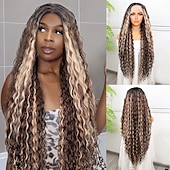 billige Syntetiske parykker med blonder-Syntetisk blonderparykk Dyp krøllete Stil 32 tommers Nyanse Midtdel 13x4x1 T Del Blonde foran Parykk Dame Parykk Lysebrun / rødbrun