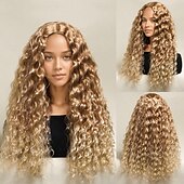 voordelige Synthetische trendy pruiken-Synthetische pruiken Afro krullend Watergolf Gelaagd kapsel Diepe scheiding Machinegemaakt Pruik 66.0 cm A1 Synthetisch haar Dames Middenscheiding Stoer Klassiek Blond