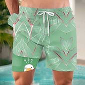 お買い得  熱帯植物と花-男性用 おかしい あひる シュロの葉 裏地付きショートパンツ 2 in 1 スイムショーツ スイムショーツ ミディアムウエスト ハワイアン バケーション 祝日 ビーチウェア サイドポケット コンプレッションライナー付き 伸縮性のあるドローストリングウエスト デザイナー 衣類