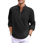 economico Vacanza-Per uomo Camicia camicia di lino Camicia con colletto a fascia Camicia popover Camicia estiva Abbigliamento mare Liscio Da mare Curise Nero Bianco Blu Manica lunga A fascia Primavera estate