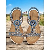cheap Vacation Sandals-Women&#039;s Bohemian Beaded Elastic Slingback Sandals – Blue and Copper Flat Summer Shoes for Walking , Vacation and Beach