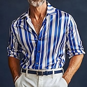 preiswerte Satinhemden für Herren-Herren Hemd Satinhemd Gestreiftes Hemd Freizeithemd Knopfhemd Vertikale Streifen Hochzeit Urlaub Blau Langarm Kragen Frühling &amp; Herbst Bekleidung