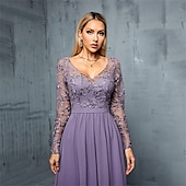 voordelige Avondjurken-A-Lijn Quinceanera Jurken Elegante Jurk Bruiloft Bruiloft Gast Vloerlengte Lange Mouw V-hals Chiffon met Plissé