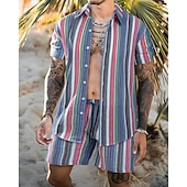 Men's Shirt Set T-shirt Suits 2 Pieces Outfits Tee & Shorts Short Sleeve Shirt Collar Summer Stripes Fashion Casual 2 Piece Vacation Daily Wear Going out Blue Orange Top Tee for Men4