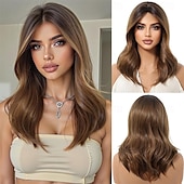 abordables Perruques Synthétiques Sans Bonnet-Perruque marron ombré pour femme avec frange rideau, cheveux synthétiques bouclés naturels de longueur moyenne, résistants à la chaleur, pour un usage quotidien, pour un cosplay ou une fête