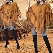 billige Boho topper-Dame Bluse عادي Stilfull 3/4 ermer Crew-hals Vanlige topper Ferie Ut på byen Frynser Brun Sommer