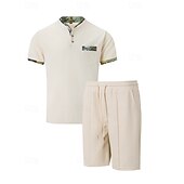 cheap Men&#039;s Tee Sets-Men&#039;s Waffle Shirt T-shirt Suits 2 Pieces Outfits Tee &amp; Shorts Short Sleeve Standing Collar Summer Color Block Fashion Casual 2 Piece Front Pocket Vacation Daily Wear Going out Black White Royal Blue