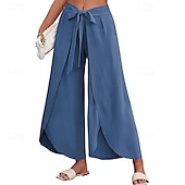 economico Pantaloni in lino e cotone semplici-Per donna Pantaloni in cotone e lino Pantaloni Eleganti Casual Lunghezza intera Naturale Semplice Elastico in vita All&#039;aperto Confortevole Streetwear Uscire Aalbicocca Giacinto Blu cielo chiaro Nero