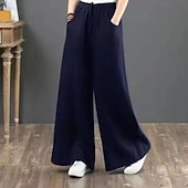 preiswerte Schlichte Hose aus Baumwollleinen-Damen Weites Bein Hose aus Baumwollleinen Stoffhosen Mode Streetwear Volle Länge Natürliche Taille Einfach Tasche Elastisches Kordelzugdesign Bequem Außenbereich Straße Ferien Wochenende Aprikose