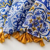 abordables Mangas &amp; Bufanda-Bufanda con estampado bohemio azul, 100 % poliéster, transpirable. &amp;Chal de playa decorativo, resistente al sol, con flecos, estilo bohemio inelástico, lavable a mano - sin plumas