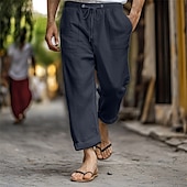 cheap Holiday-Men&#039;s Linen Pants Trousers Summer Pants Beach Pants Pocket Drawstring Elastic Waist Plain Comfort Breathable Vacation Daily Holiday Hawaiian Boho Dark Brown Lake blue