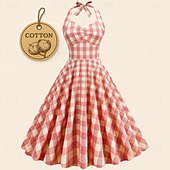 preiswerte Kleider-Retro Vintage 1950er Rockabilly Swing-Kleid Kariert Vichy-Karo A-Linie Neckholder Kostüm Damen Junggesellinnenabschiedsparty Erwachsene Kleid Abschlussballkleider Frühling &amp; Sommer