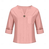 cheap Shirts-Women&#039;s Cotton Linen Blouse Solid Color Elegant Stylish Casual 3/4 Length Sleeve V Neck Regular Tops Daily Holiday Buttons Black White Pink Blue Beige Summer Spring
