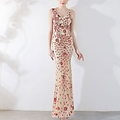 baratos Vestidos Baile Formatura-Vestidos de Quinceanera de Sereia  Trompete Vestido Elegante Formal de Casamento Comprimento do Chão Sem Mangas Gola V com Lantejoulas