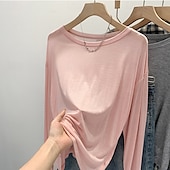 cheap White tee-Women&#039;s T Shirt Plain Modern Casual Long Sleeve Crew Neck Regular Tops Daily Going out Black White Pink Blue Gray Summer
