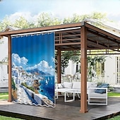 olcso Vízálló függönyök-Vízálló Kültéri Függöny Magánélet Tolóteraszos Függöny Pergola Függönyök Fülekkel 3D Táj Szentorini A Kerti Pavilonhoz Erkélyhez Porchhoz Partira 1 Panel