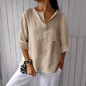 cheap Shirts-Women&#039;s Cotton Linen Blouse Solid Color Elegant Stylish Casual 3/4 Length Sleeve V Neck Regular Tops Daily Holiday Buttons Black White Pink Blue Beige Summer Spring