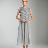 abordables Longueur du thé-Ligne A Robe de Mère de Mariée  Formel robe demoiselle d honneur Élégant Simple Minimaliste Col ras du cou Longueur thé Chiffon Sans manches avec Paillettes 2025