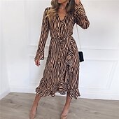 levne Šaty-Dámské Midi šaty Bavlněné plátěné šaty Klasické Moderní Venkovní Dovolená Jdeme ven Běžný Leopard Dlouhý rukáv Do V Bílá Khaki Šedá Léto