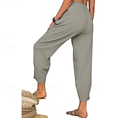 economico Pantaloni in lino e cotone semplici-Per donna Pantaloni in cotone e lino Pantaloni Eleganti Streetwear Casual Lunghezza intera Naturale Semplice Tasca Elastico in vita Comodo Confortevole Uscire Weekend Vinaccia Grigio Nero Bianco